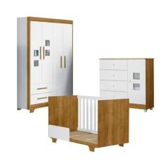 Quarto de Bebê Berço Mini Cama, Cômoda 1 Porta 4 Gavetas Life e Roupeiro 4 Portas 2 Gavetas Fly Branco/madeirado Ypê