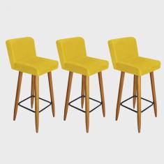 Kit 03 Banqueta Alta Com Encosto Lana Para Cozinha Bar Balcão Bistrô Pé Palito Castanho Suede Amarelo - Ahazzo Móveis