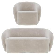 Sofá 3 Lugares Living 180cm E 1 Poltrona Giratória Garbin Z08 Veludo Bege - Mpozenato