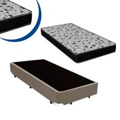 Cama Box Solteiro Colchão Espuma D33 Bordado + Box Bege Sintético 44x78x188