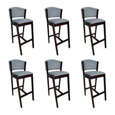 Kit 6 Banquetas Alta De Madeira Maciça Castanho Premium Ana Com Encosto Linho Cinza - Cor: Cinza