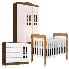 Quarto De Bebê Ariel 3 Portas Com Berço Americano Lila Branco Acetinad