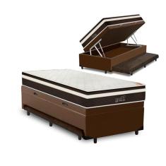 Cama Box Baú e Auxiliar Solteiro Marrom + Colchão de Molas Anjos Classic Superlastic 88x188x64cm