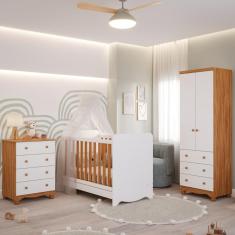 Quarto de Bebê Completo Berço Americano Ben 3 Em 1 Cômoda Júnior Simples 4 Gavetas Guarda Roupa Júnior 2 Portas 3 Gavetas Branco Carvalho 100% MDF Móv