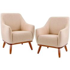 Kit 02 Poltronas Decorativas Base Fixa de Madeira Paloma D02 Algodão Bege C-129 - Lyam Decor