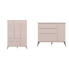 Conjunto Quarto Infantil Com Guarda Roupa 3 Portas e Cômoda Com Sapateira Melinda 100% MDF Rosa