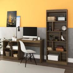 Conjunto Home Office Escrivaninha 4 Nichos Estante Livreiro 4 Prateleiras DJD Castanho DJD Móveis Castanho
