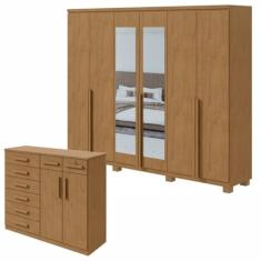 Conjunto de Guarda-roupa Alonzocom Espelho e Pés e com Cômoda Toronto Amêndoa Clean