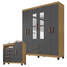 Guarda Roupa Casal Modena com Espelho 6 Portas e Cômoda Sapateira Cann