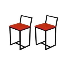 Jogo 2 Banqueta Baixa Para Cozinha Preta Industrial Estofado Vermelho 