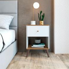 Mesa De Cabeceira 1 Gaveta Re001 Branco E Mel Placa e Ponto