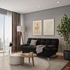 Sofá-Cama Casal 3 Lugares Luxo Suede Pés de Metal Preto