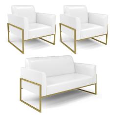 Sofá Namoradeira com 2 Poltronas Base Industrial Alta Dourado Marisa Corano Branco D03 - D'Rossi
