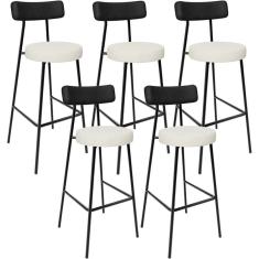 Kit 05 Banquetas Alta Cozinha Sala Jantar Milão L02 Couríssimo Preto Linho Champagne - Lyam Decor