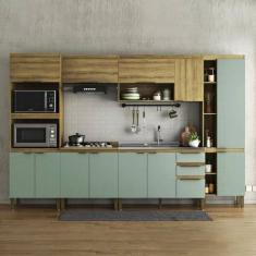 Cozinha Modulada 6 Peças 2 Aéreos 2 Balcões 1 Paneleiro e 1 Torre Quente  Magnólia Mel/Verde