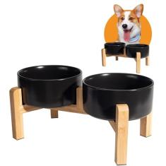 Conjunto de tigelas de cerâmica elevada para cães – Tigelas elevadas para cães com suporte de bambu antiderrapante – Conjunto de tigela para comida e água – Tigelas duplas para alimentação de cães –