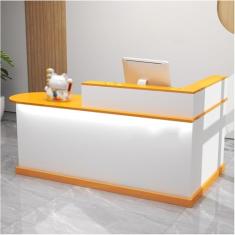 Mesa de recepção moderna com luzes e gavetas trancáveis, balcão de caixa em L, mesa de recepção de computador de madeira, mesa de recepção pequena, para escritório de checkout, salão de beleza/saguão,