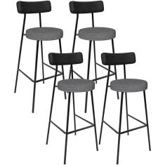 Kit 04 Banquetas Alta Cozinha Sala Jantar Milão L02 Couríssimo Preto Linho Cinza Escuro