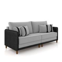 Sofá 3 Lugares Living 212cm Pé Madeira Valença Pto/Veludo Cinza K01 - 