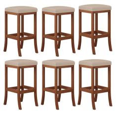 Kit 6 Banquetas Média Estofada Barcelona 38x64Cm Bancada Madeira Maciça Castanho Suede Bege - CCS