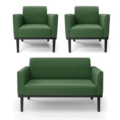 Sofá Namoradeira com 2 Poltronas Base de Madeira Fixa Preto Marisa Suede Verde  D03 - D'Rossi