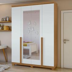 Guarda-Roupa Solteiro Alonzo 4 Portas 2 Gavetas com Espelho 100% Mdf Amêndoa Clean/Branco - Móveis Lopas