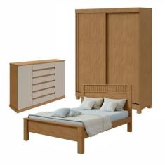 Quarto com Guarda-roupa Casal 2 Portas 2 Gavetas, Cômoda 2 Portas 7 Gavetas e Cama Athenas Amêndoa Clean/off White