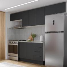 Cozinha Modulada 4 Peças com Tampo e Rodapé 3 Aéreos e 1 Balcão Ipanema Cabecasa Madeiramadeira Grafite Trama