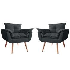 Combo 02 Poltronas Decorativa Opalla Pés Palito Suede Preto - DS Estof