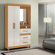 Guarda-Roupa Solteiro 2 Portas 3 Gavetas Com Espelho Peroba/Off White Capelinha Rei Móveis