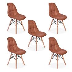 Conjunto 5 Cadeiras Dkr Charles Eames Wood Estofada Botonê - Marrom  -