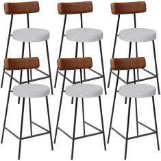 Kit 06 Banquetas Baixa Cozinha Sala De Jantar Milão L02 Couríssimo Marrom Linho Cinza - Lyam Decor