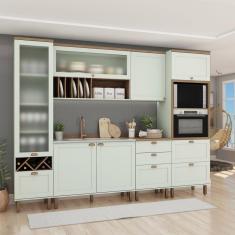 Cozinha Completa 6 Peças 1 Cristaleira 2 Armários Aéreos 1 Paneleiro 2 Balcões Iluminata Genialflex Verde Mint/Ébano
