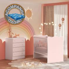 Quarto de Bebê Doce Sonho com Cômoda 777 e Berço Simples 1 Qmovi Rosa Acetinado + Colchão Ortobom
