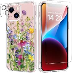 bicol Capa para iPhone 13 com protetor de tela e lente de câmera - Designs florais de flores elegantes para mulheres e meninas - Capa de telefone transparente de acrílico à prova de choque de 6,1