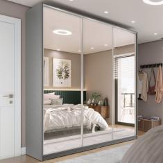 Guarda-Roupa Casal com 3 Espelhos Zemartt 100% MDF 3 Portas 3 Gavetas Cinza