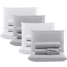 Lençol Casal 400 Fios Ponto Palito 4 Peças - Cinza + Branco - Casa Sca