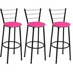 Kit 3 Banquetas Altas Preta com Encosto Assento Rosa