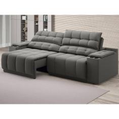 Sofá com Porta Copos Carregador USB Ret Rec Samurai 2,30m Velosuede Cinza - NETSOFAS