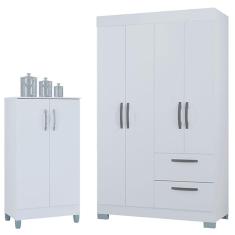 Guarda Roupa Solteiro Tóquio 4 Portas Com Armário Multiuso 2 Portas Pequeno Branco Brilho - Poquema