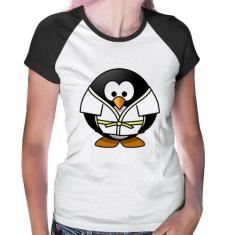 Baby Look Raglan Pinguim Judô - Foca na Moda, Branco, Preto, P