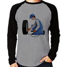 Camiseta Raglan Borracharia Manga Longa - Foca na Moda, Cinza, Preto, 