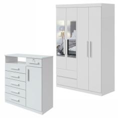 Conjunto de Guarda-Roupa Solteiro com Espelho 4 Portas 2 Gavetas Zeus e Cômoda Da Vinci Branco