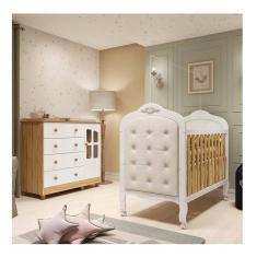 Quarto de Bebê com Cômoda 1 Porta com Janela e Berço Capitonê 100% MDF Maya Clássico Espresso Móveis Branco Brilho/Amêndoa/Branco