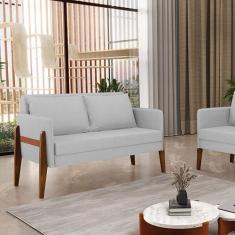 Sofá Namoradeira Lana Linho Cinza A05 Base de Madeira - DRossi