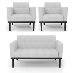 Sofá Namoradeira E 2 Poltronas Base De Madeira Preto Elisa Linho D03 - D'rossi Cor A05 Cinza