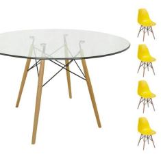 Conjunto Mesa Eames Eiffel Redonda Vidro 90cm + 4 Cadeiras Eames DSW -