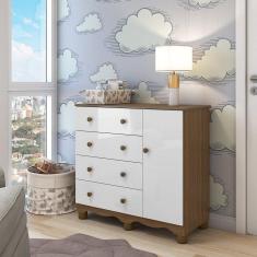 Cômoda Infantil 1 Porta 4 Gavetas 100% MDF Mimo Branco Brilho/Carvalho