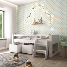 Cama Infantil com Escada e 2 Baús Serena Yescasa Branco Perfect Wood