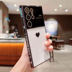 Capa de coração de amor de cor sólida para Samsung S23 Ultra S22 Plus S21 S20 FE A52 A24 A54 A14 A53 A23 A13 Capa transparente de proteção de lente, preta, para Samsung A24 4G